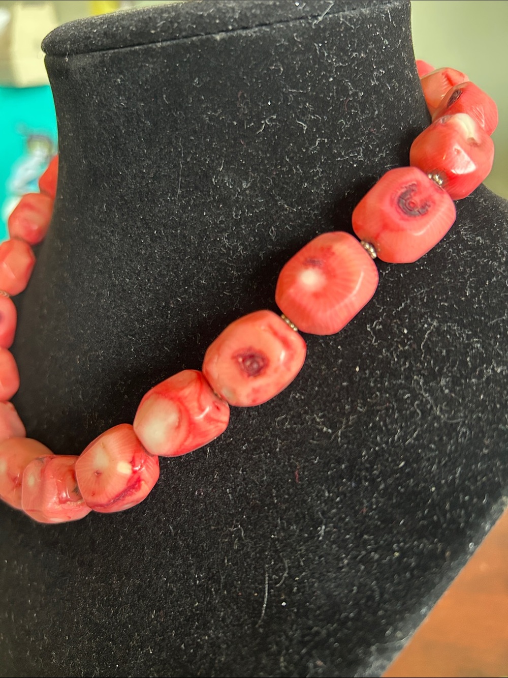 Pink salmon dyed bamboo coral wire strung 18” necklace 925 toggle clasp vintage